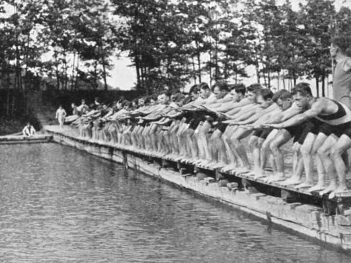 Historical image of one of the first swim lessons